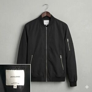 JACK & JONES Mens Black Bomber Jacket Dark Academia Minimalist Medium NWOT